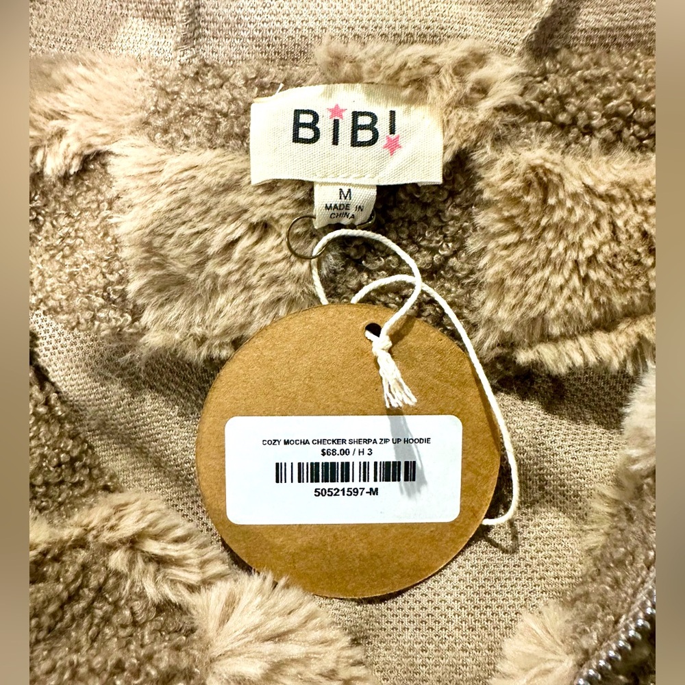 NWT BiBi Cozy Mocha Checkered Sherpa Hooded Jacket - Picture 5 of 16